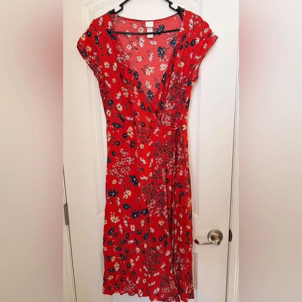 Cottagecore Red Floral Flowy Boho Tomato Midi Wrap Dress Feminine Size 8 H&M - Picture 2 of 15